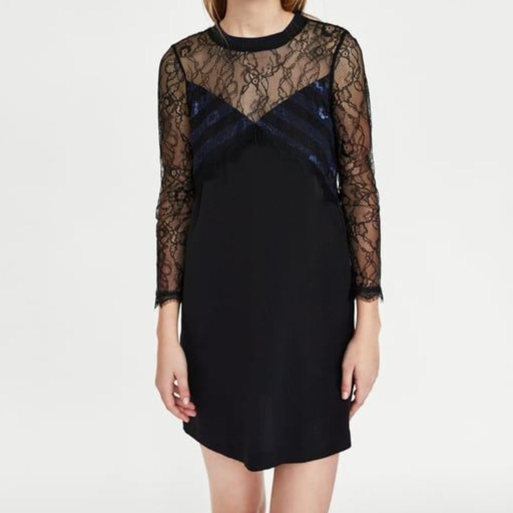 NWT Zara Basic Contrast Lace Mock Neck Shift Dress Blue Black Women's Si…